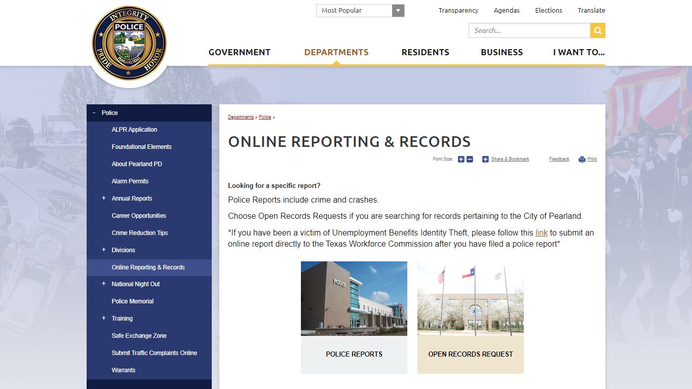 Online Reporting & Records | City of Pearland, TX